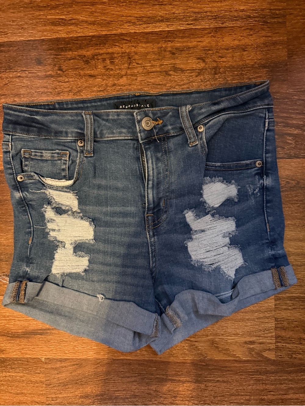 Aeropostale Dark Blue Distressed Rolled-Hem Jean Shorts